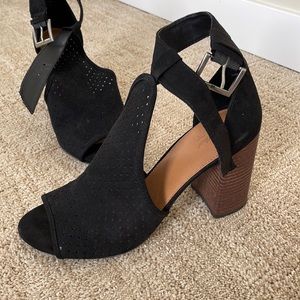 Faux suede ankle strap boot style heels